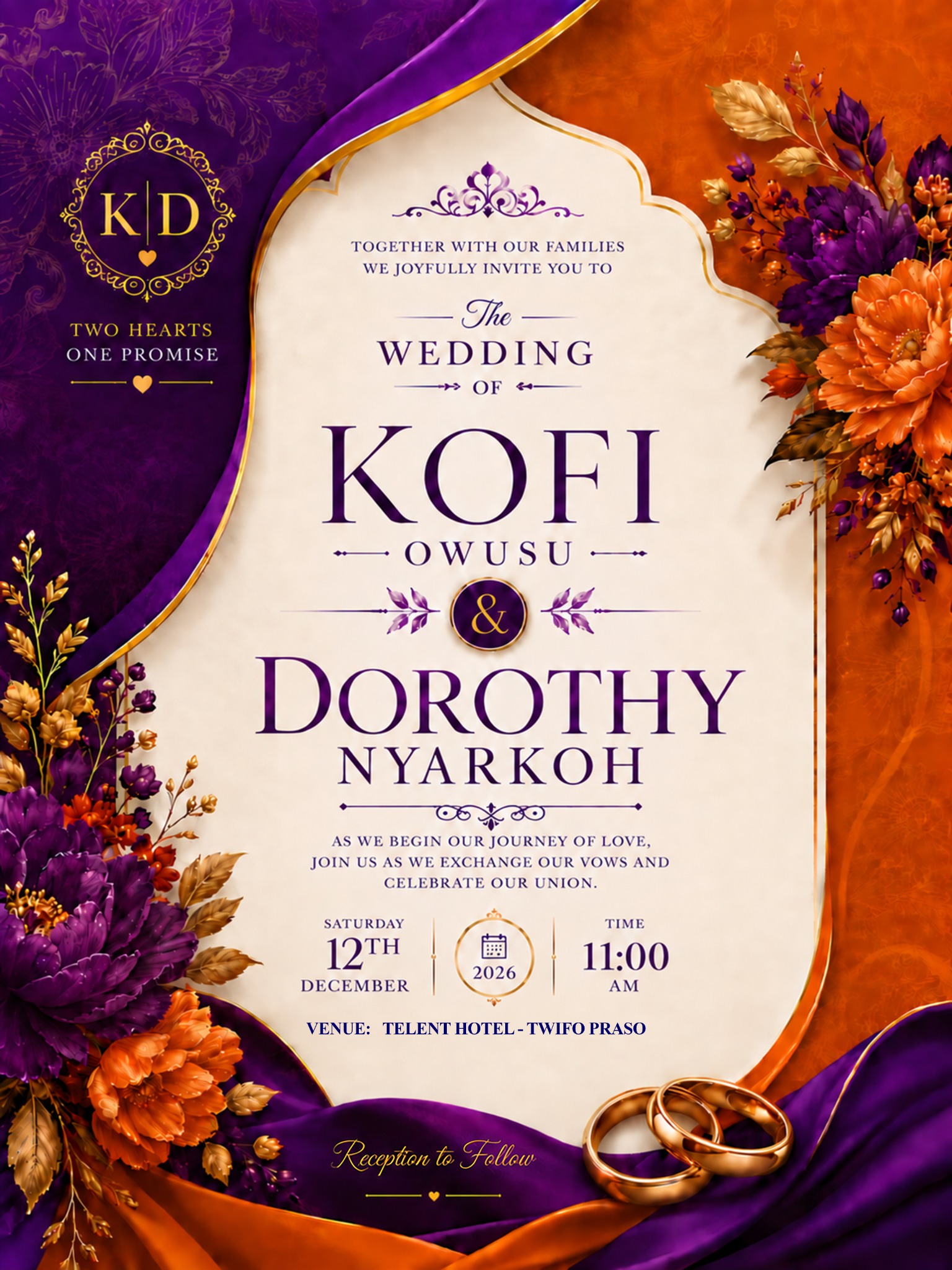 Wedding invitation for Kofi Owusu and Dorothy Nyarkoh, Saturday 12 December 2026 at 11:00 AM.